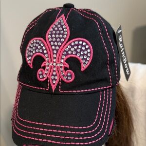 Y2K New Rhinestone Dark NavyCap with Pink Fleur-de-Lis Design